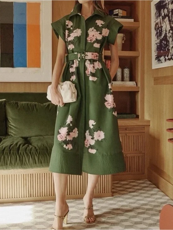 Tuckernuck Olive and Pressed Chloe Green Pink Floral Midi Dress Wide Sleeves Med - Picture 3 of 15